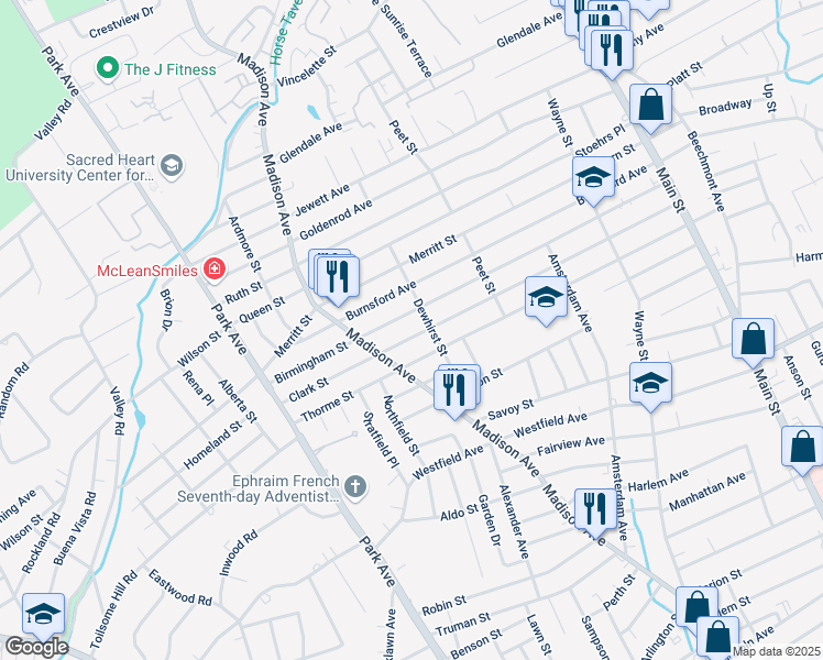 map of restaurants, bars, coffee shops, grocery stores, and more near 601 Clark Street in Bridgeport