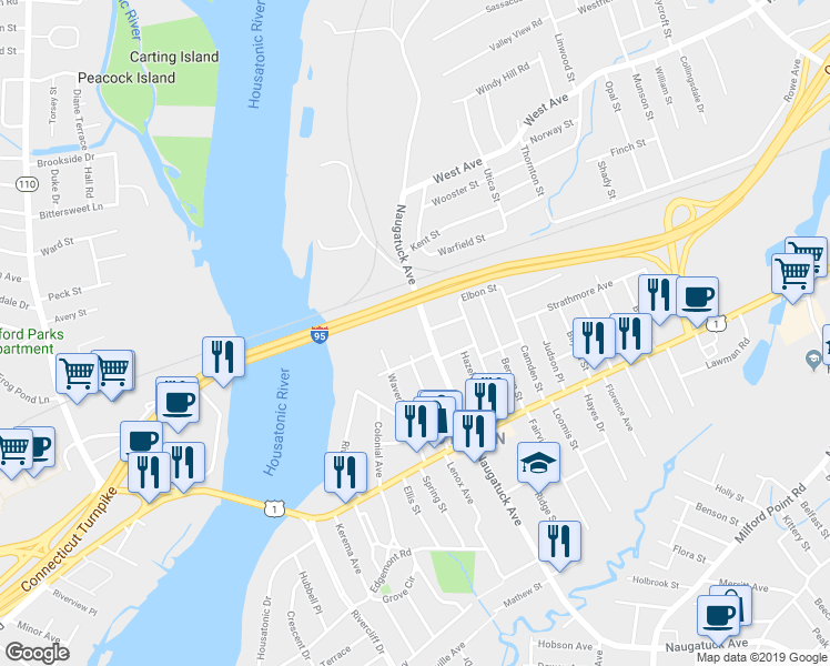 map of restaurants, bars, coffee shops, grocery stores, and more near 674 Naugatuck Avenue in Milford