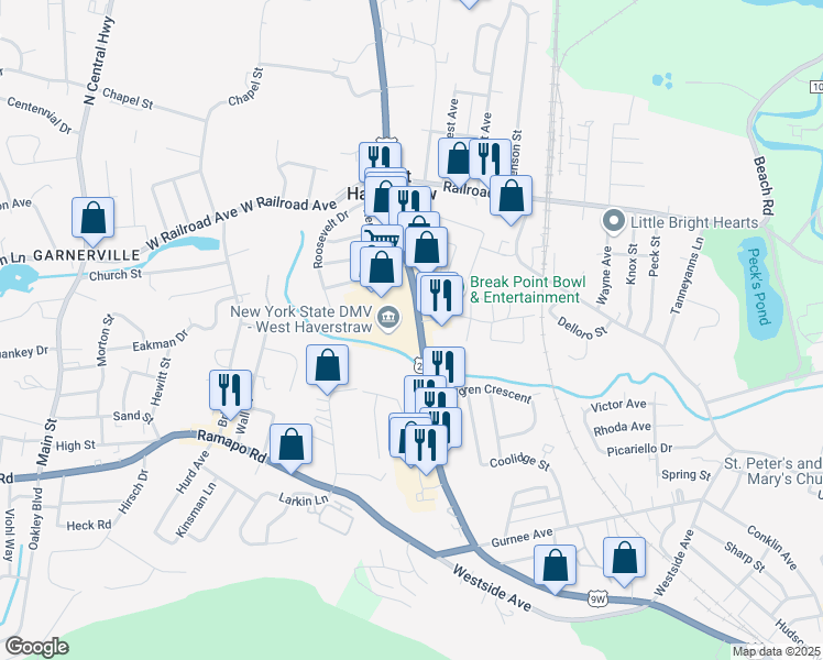 map of restaurants, bars, coffee shops, grocery stores, and more near 45 south route 9w in West Haverstraw