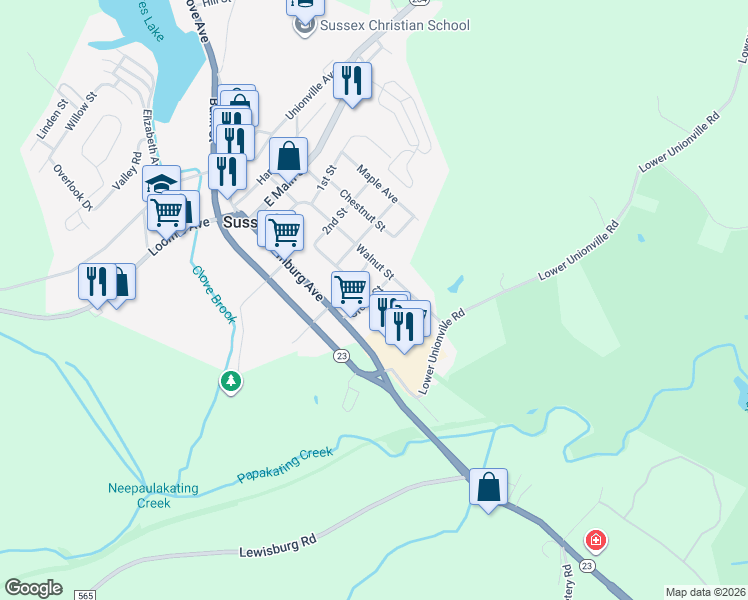 map of restaurants, bars, coffee shops, grocery stores, and more near 12 Grove Street in Sussex