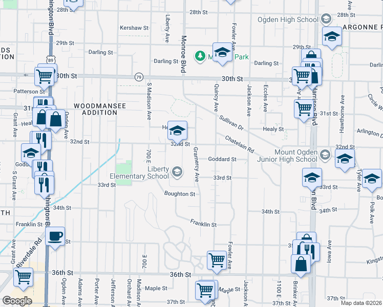 map of restaurants, bars, coffee shops, grocery stores, and more near 3223 Gramercy Avenue in Ogden