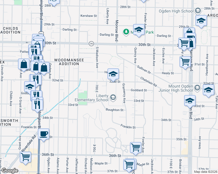 map of restaurants, bars, coffee shops, grocery stores, and more near 3239 Monroe Blvd in Ogden