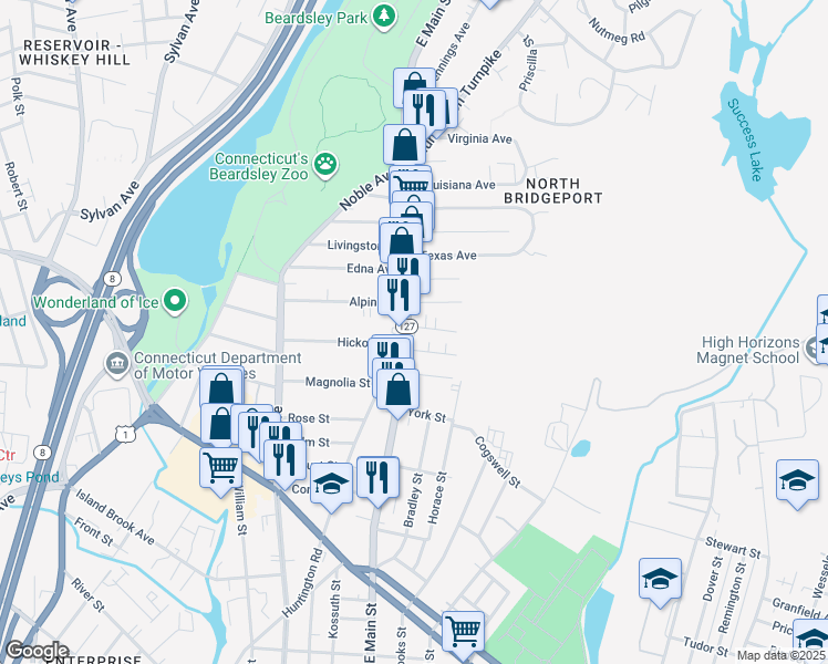 map of restaurants, bars, coffee shops, grocery stores, and more near 2214 East Main Street in Bridgeport