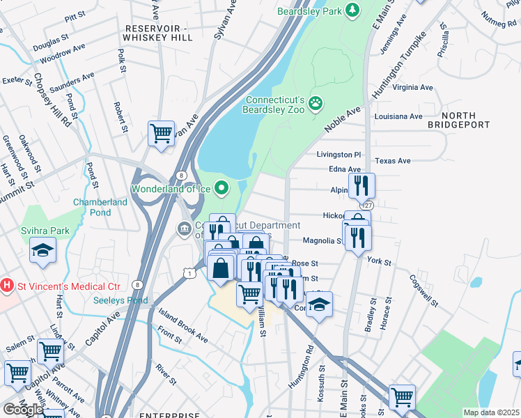 map of restaurants, bars, coffee shops, grocery stores, and more near 97 Ashley Street in Bridgeport