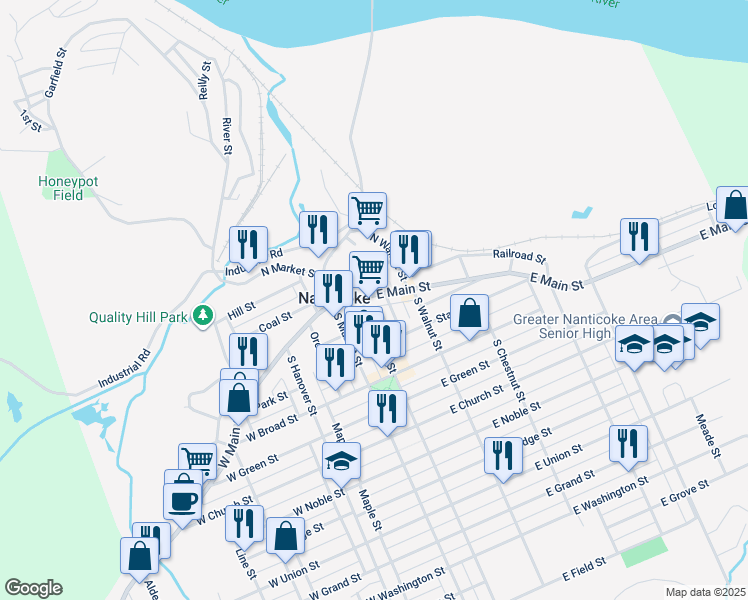 map of restaurants, bars, coffee shops, grocery stores, and more near 23 South Prospect Street in Nanticoke