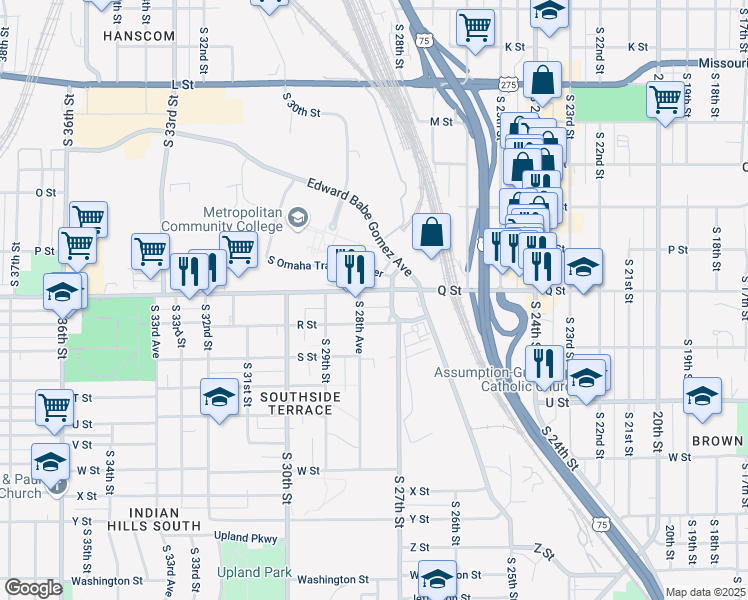 map of restaurants, bars, coffee shops, grocery stores, and more near 2712 R Street in Omaha