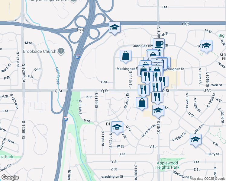 map of restaurants, bars, coffee shops, grocery stores, and more near 11001-11299 R Plaza in Omaha