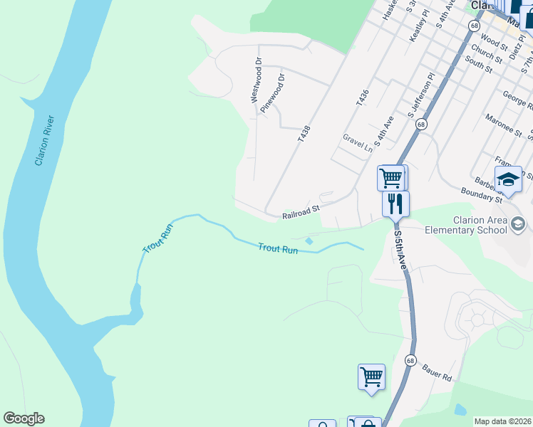 map of restaurants, bars, coffee shops, grocery stores, and more near 101 Railroad Street in Clarion