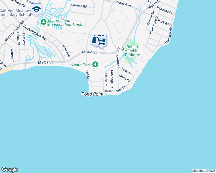 map of restaurants, bars, coffee shops, grocery stores, and more near 42 Point Beach Drive in Milford
