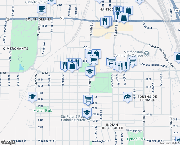 map of restaurants, bars, coffee shops, grocery stores, and more near Q Street & South 36th Street in Omaha
