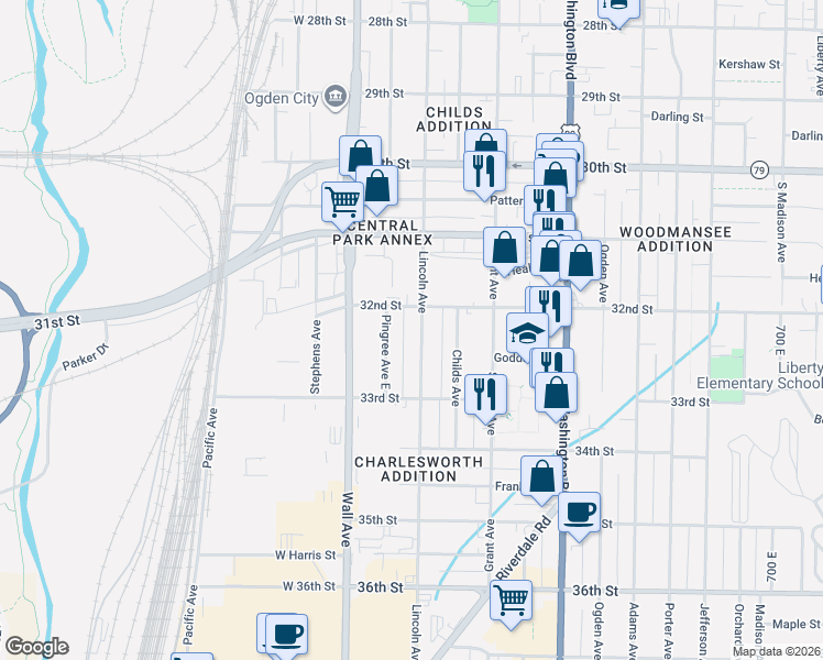 map of restaurants, bars, coffee shops, grocery stores, and more near 3223 Lincoln Avenue in Ogden