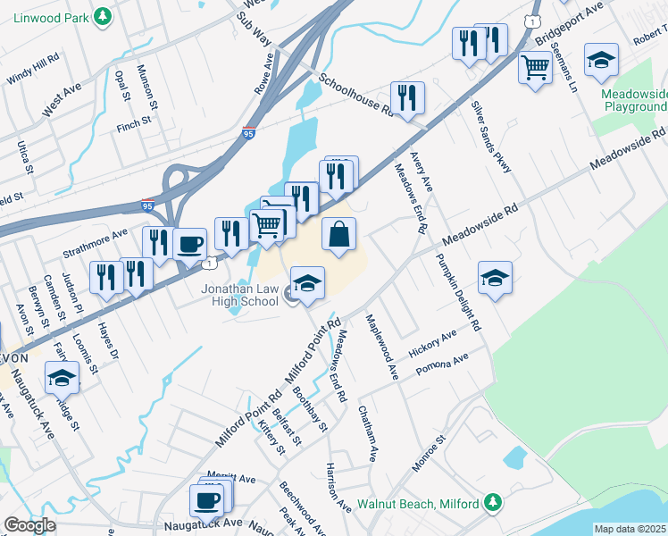 map of restaurants, bars, coffee shops, grocery stores, and more near 589 Bridgeport Avenue in Milford