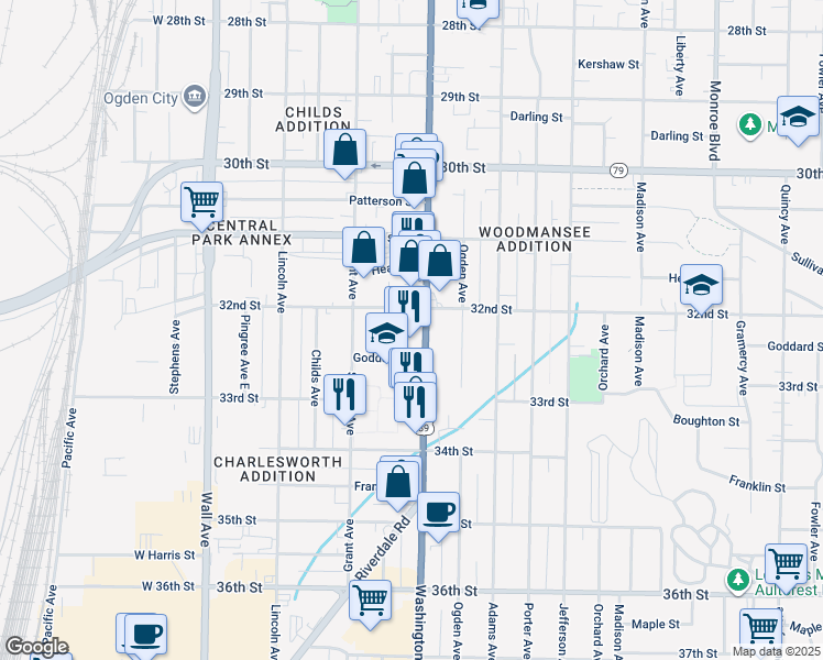 map of restaurants, bars, coffee shops, grocery stores, and more near 370 Goddard Street in Ogden