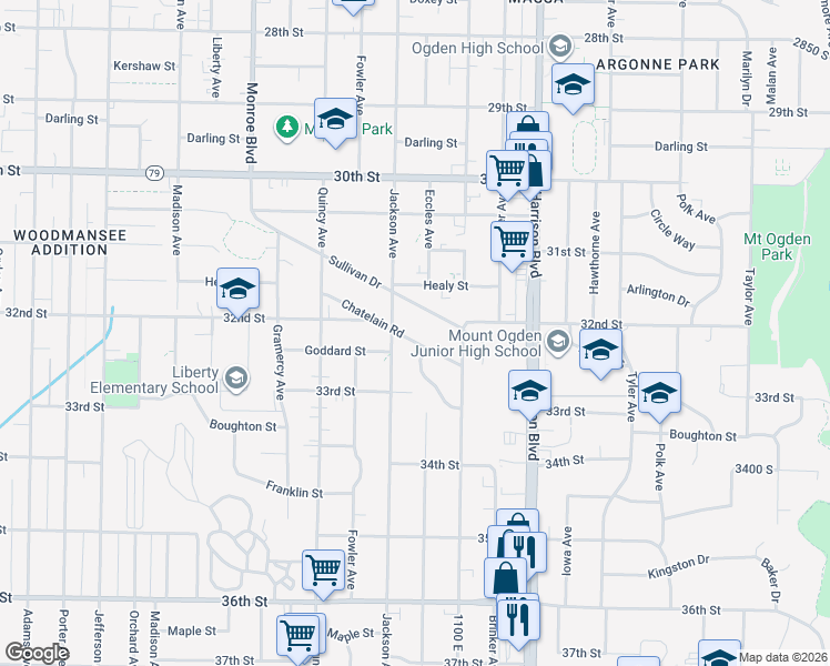 map of restaurants, bars, coffee shops, grocery stores, and more near 1046 Chatelain Road in Ogden