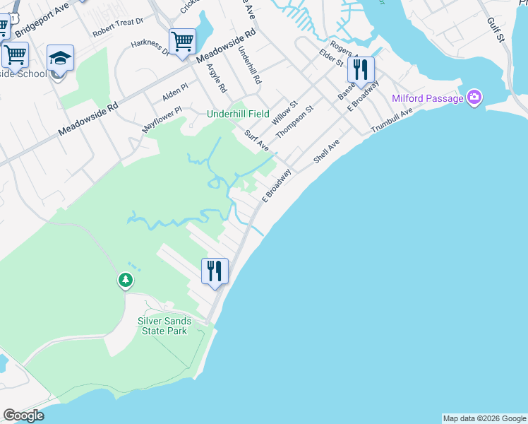 map of restaurants, bars, coffee shops, grocery stores, and more near 835 East Broadway in Milford