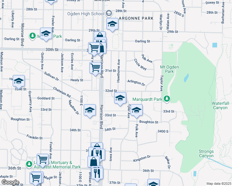 map of restaurants, bars, coffee shops, grocery stores, and more near 1265 Wagonwheel Lane in Ogden