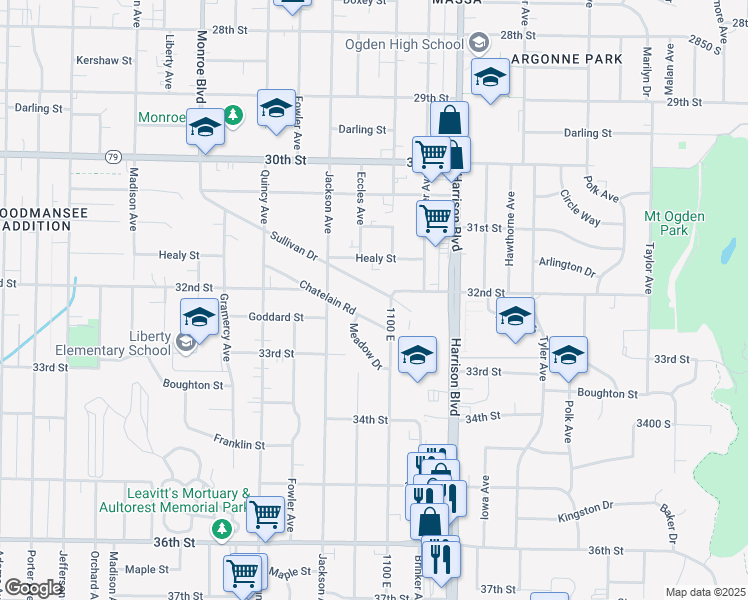 map of restaurants, bars, coffee shops, grocery stores, and more near 1046 Chatelain Road in Ogden