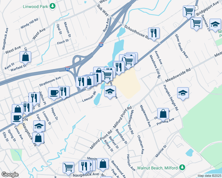map of restaurants, bars, coffee shops, grocery stores, and more near 46-70 Lansdale Avenue in Milford