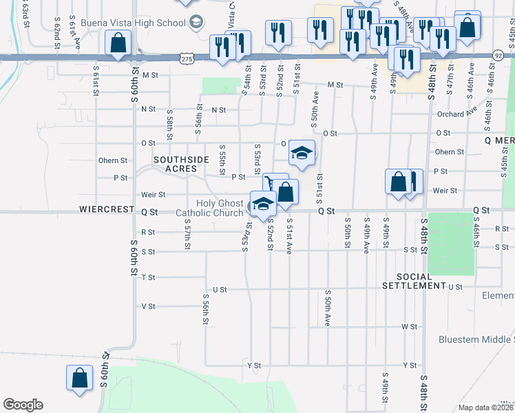 map of restaurants, bars, coffee shops, grocery stores, and more near 5219 South 53rd Street in Omaha