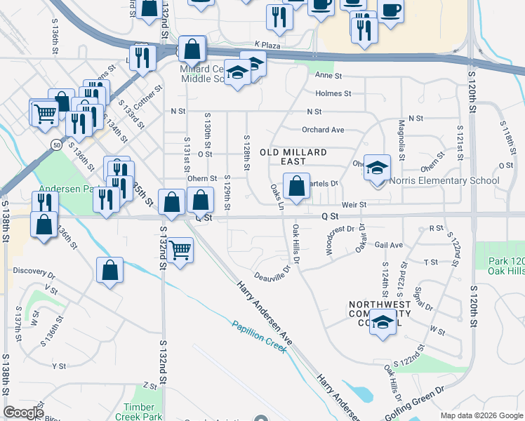 map of restaurants, bars, coffee shops, grocery stores, and more near 12775 Q Street in Omaha