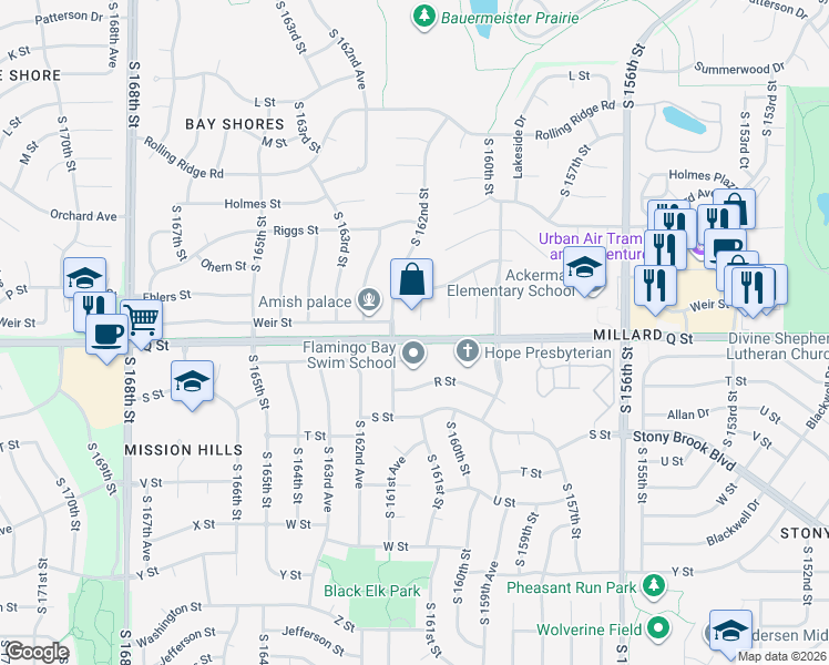map of restaurants, bars, coffee shops, grocery stores, and more near 16118 Woodcrest Circle in Omaha