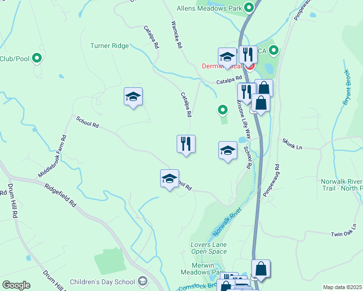map of restaurants, bars, coffee shops, grocery stores, and more near 21 Richdale Drive in Wilton