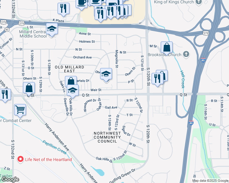 map of restaurants, bars, coffee shops, grocery stores, and more near 12311 Weir Street in Omaha