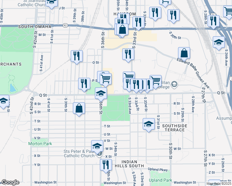 map of restaurants, bars, coffee shops, grocery stores, and more near 3536 Q Street in Omaha