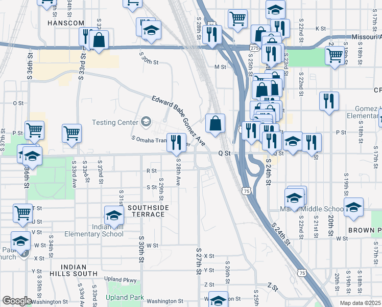 map of restaurants, bars, coffee shops, grocery stores, and more near 2712 R Street in Omaha
