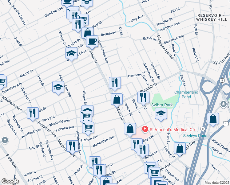map of restaurants, bars, coffee shops, grocery stores, and more near 38 Savoy Street in Bridgeport