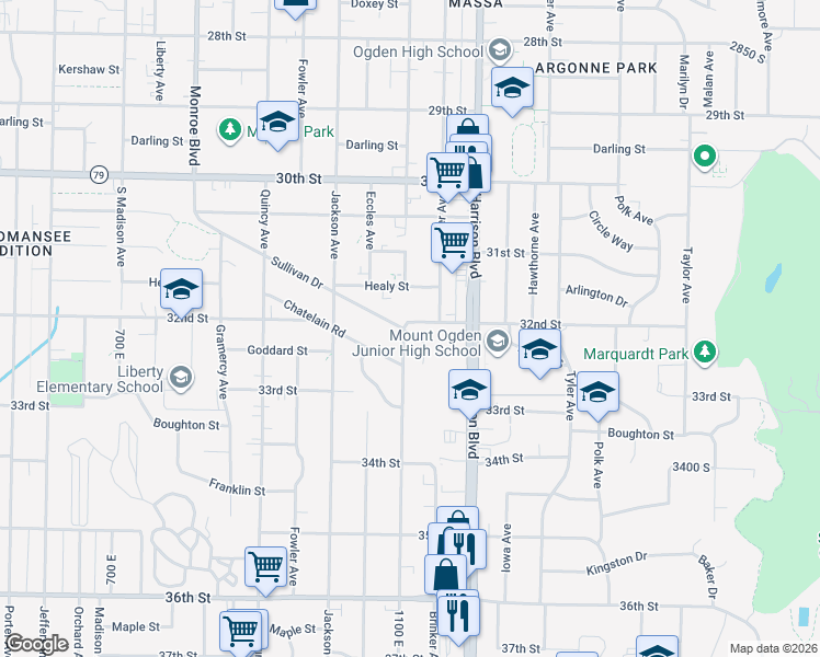 map of restaurants, bars, coffee shops, grocery stores, and more near 3234 Van Buren Avenue in Ogden