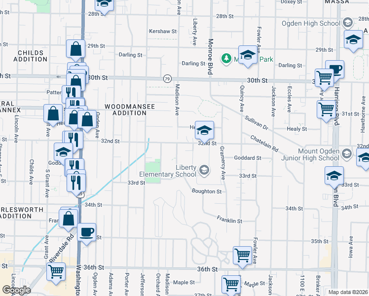 map of restaurants, bars, coffee shops, grocery stores, and more near 3247 Liberty Avenue in Ogden