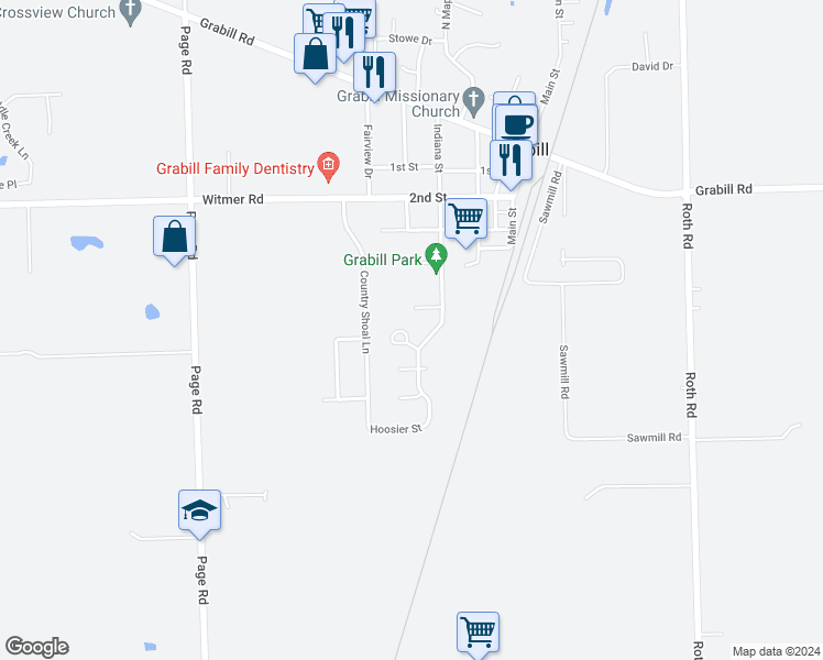map of restaurants, bars, coffee shops, grocery stores, and more near 13419 Wheat Mill Court in Grabill