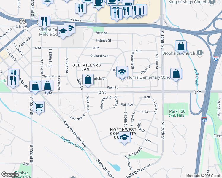 map of restaurants, bars, coffee shops, grocery stores, and more near 12456 Woodcrest Drive in Omaha