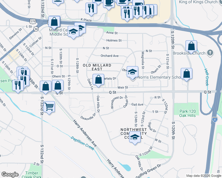 map of restaurants, bars, coffee shops, grocery stores, and more near 12472 Woodcrest Drive in Omaha