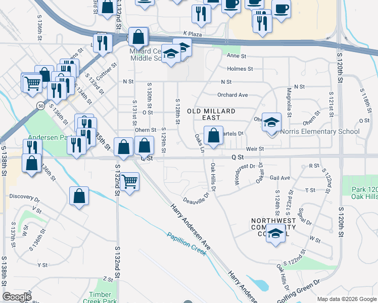 map of restaurants, bars, coffee shops, grocery stores, and more near 12775 Q Street in Omaha