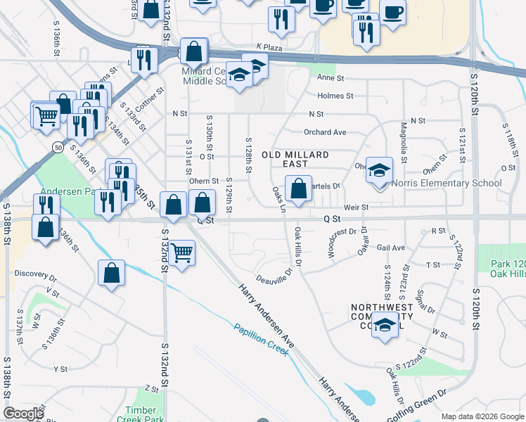 map of restaurants, bars, coffee shops, grocery stores, and more near 12775 Q Street in Omaha