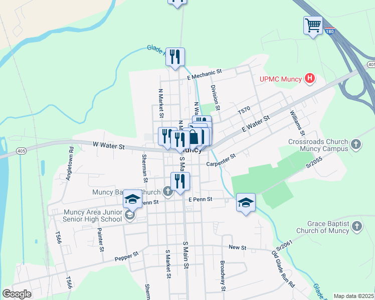 map of restaurants, bars, coffee shops, grocery stores, and more near 7 East Water Street in Muncy