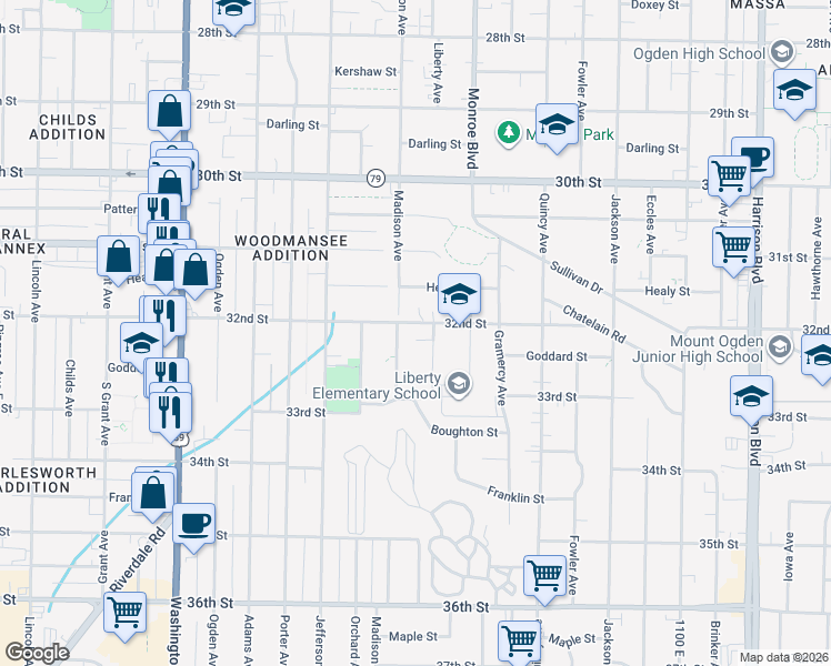 map of restaurants, bars, coffee shops, grocery stores, and more near 3247 Liberty Avenue in Ogden