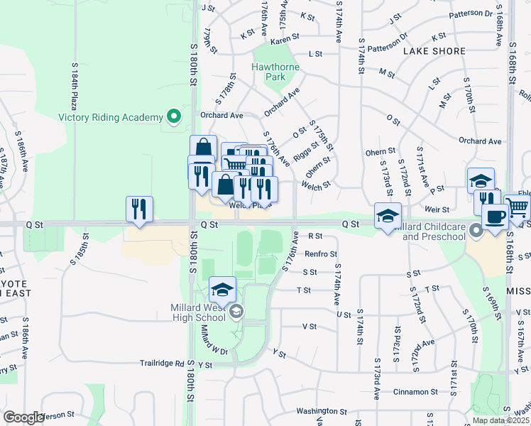 map of restaurants, bars, coffee shops, grocery stores, and more near 17725 Welch Plaza in Omaha