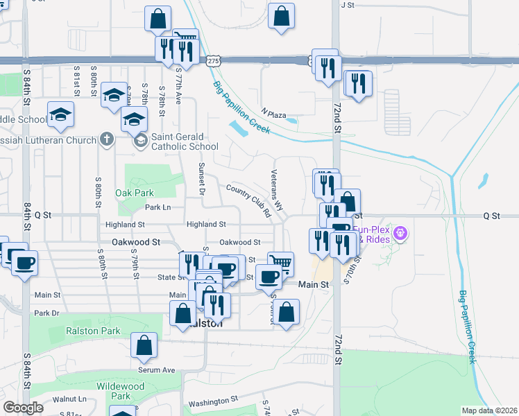 map of restaurants, bars, coffee shops, grocery stores, and more near 7516 Highland Street in Ralston