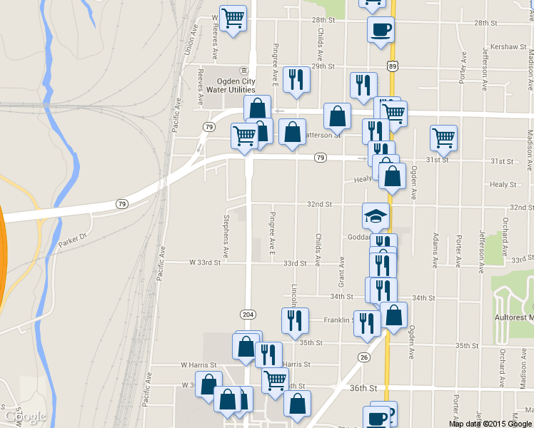 map of restaurants, bars, coffee shops, grocery stores, and more near 3215 Pingree Avenue in Ogden