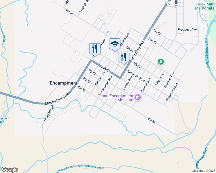 map of restaurants, bars, coffee shops, grocery stores, and more near 111-117 8th Street in Encampment