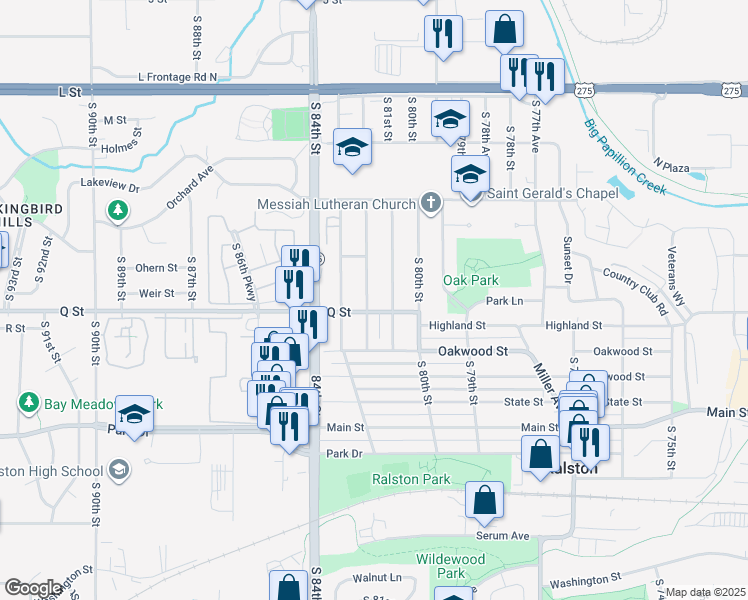 map of restaurants, bars, coffee shops, grocery stores, and more near 8113 Q Street in Ralston