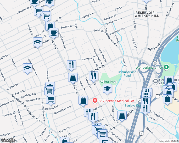 map of restaurants, bars, coffee shops, grocery stores, and more near 1122 Lindley Street in Bridgeport