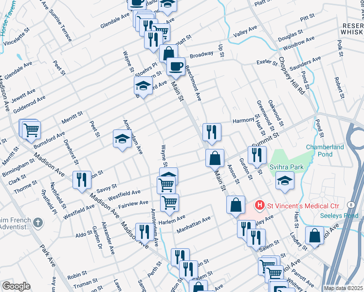 map of restaurants, bars, coffee shops, grocery stores, and more near 99 Rocton Avenue in Bridgeport