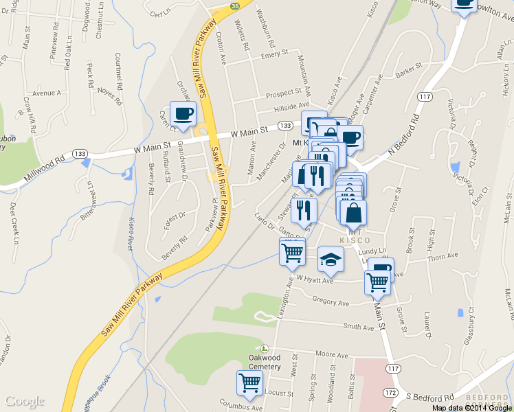 map of restaurants, bars, coffee shops, grocery stores, and more near 100 Diplomat Drive in Mount Kisco