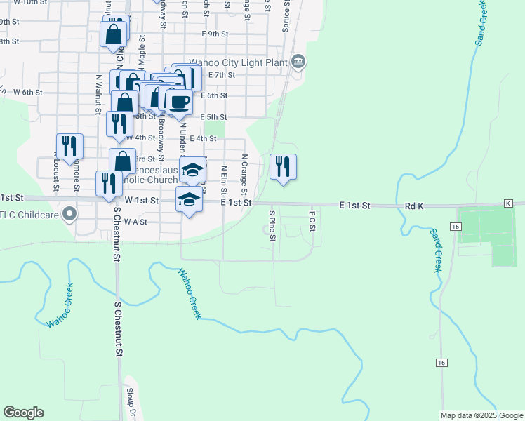 map of restaurants, bars, coffee shops, grocery stores, and more near 211-259 S Pine St in Wahoo