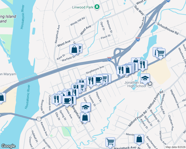 map of restaurants, bars, coffee shops, grocery stores, and more near 35 Bilyard Street in Milford