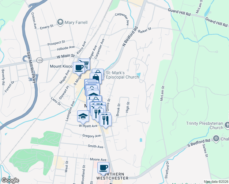 map of restaurants, bars, coffee shops, grocery stores, and more near 4 Brook Street in Mount Kisco